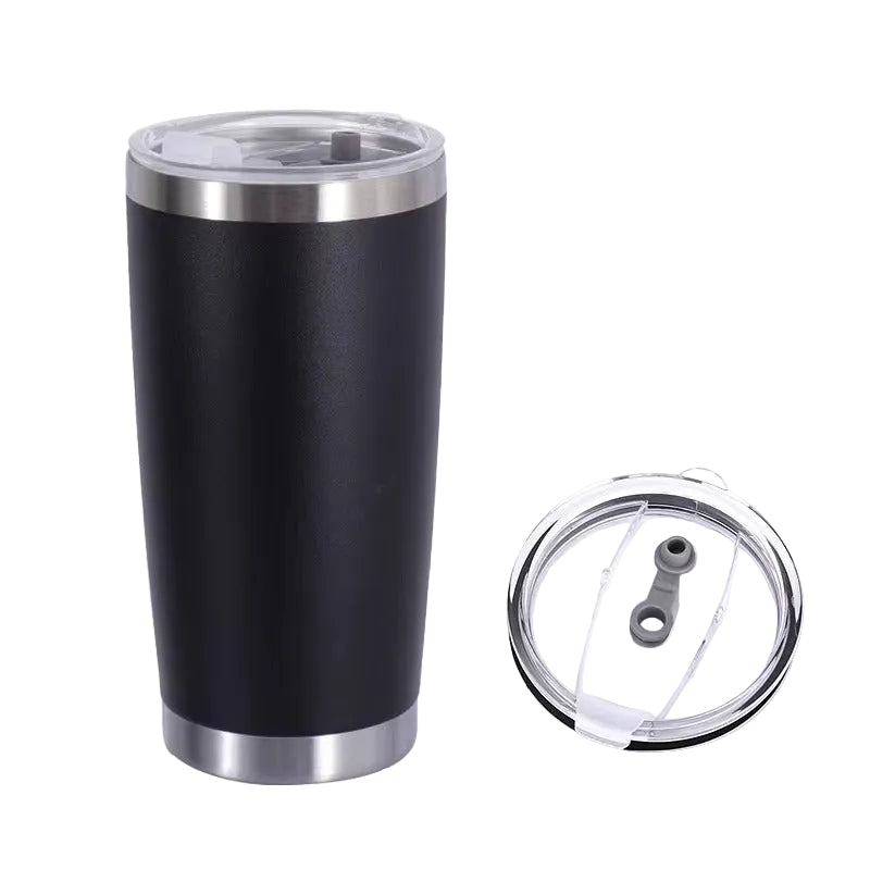 Black insulated tumbler with silver lid on a white background