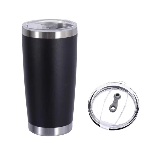 Black insulated tumbler with silver lid on a white background